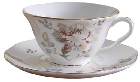 fanquare Conjuntos de Taza y Platillo de Porcelana Fina 250ml Amarillo claro,Taza de Café con Patrón Floral Vintage y Borde Dorado para Té de la Tarde Regalo Boda y Hogar