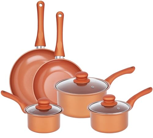 Gr8 Home Copper 8 Piece Carbon Steel Non-Stick Cookware Set with Frying Pans, Saucepans & Lids for Everyday Cooking