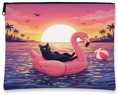 Funny Bombays Cats Makeup Bag, Flamingos Lifebuoys Sea Cosmetic Travel Pouch for Women, Gifts for Girls, Pet Portable Small Canvas Zipper Organizer 7x9 Inch