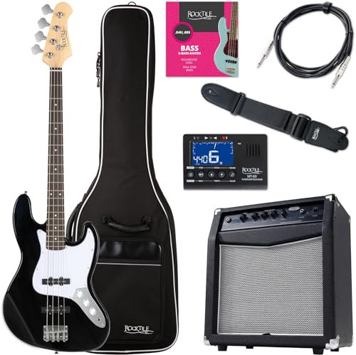 Rocktile Fatboy II BK E-Bass Starter Bundle Komplettset 7-teilig: 4-saitige Bass Gitarre inkl. Verstärker, Tasche, Stimmgerät, Gurt, Kabel, Saiten - Schwarz