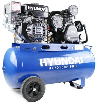 Hyundai 7HP 90L Heavy Duty Petrol Air Compressor, 10.7 CFM, 145 PSI, Belt Drive, Portable Professional Compressor - 2 Years Warranty