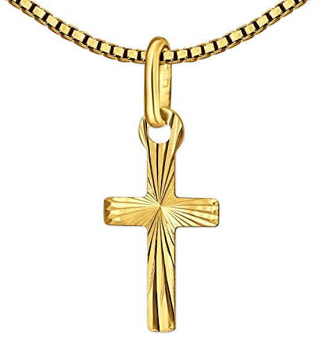 CLEVER SCHMUCK Set Goldener kleiner Kreuz Anhänger 12 mm strahlenförmig glänzend diamantiert 333 GOLD 8 Karat mit vergoldeter Kette Venezia 36 cm