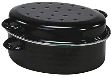 Krüger Gansbräter in schwarz aus Chrom, Emaille, weiß, 34 cm | PFAS-frei | Schnitt- & kratzfest | Geschmacksneutral | Backofenfest bis 240 °C | Ideal für Braten, Geflügel, Familiengerichte