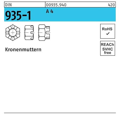 Sechskantmutter DIN 935 M 10 x 1,5 Edelstahl A4 blank 25 Stk