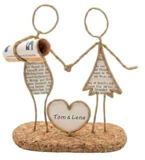 Buchfaltkunst Seidl Drahtfigur Paar mit Herz für Geldgeschenk, personalisierbar/individualisierbar mit Wunschtext im Herz, z.B. für Hochzeit/Weihnachten, ca. 15 cm