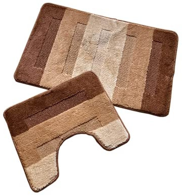 oKu-Tex Design Badematte Antirutsch Set 2 Teilig, rutschfest & waschbar, Badvorleger 50 x 80 cm für das Badezimmer, WC Vorleger mit Ausschnitt 40 x 50 cm, Braun, Beige, Gestreift