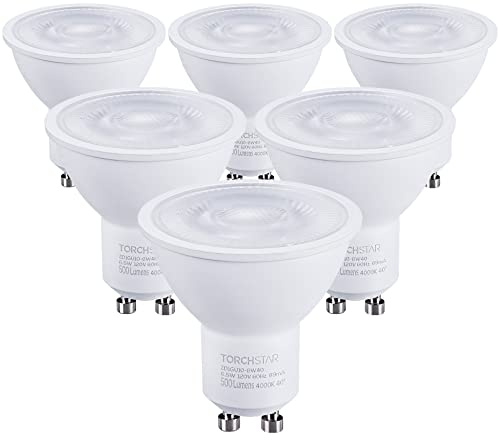 TORCHSTAR GU10 LED Bulb Dimmable, UL Listed, 50W Halogen Equivalent, 500LM, 4000K Cool White, 40° Beam Angle Spot Light Bulb for Recessed Lighting Track Lighting, Pack of 6