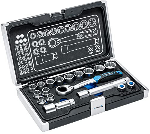 Högert Technik - Cassetta Attrezzi, Set Attrezzi, Valigetta Attrezzi, Set Utensili, Kit Attrezzi, Set di Chiavi a Bussola e Accessori, Meccanismo a Cricchetto con 60 Denti - HT1R478, 18 Pezzi