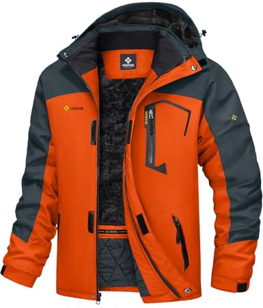 GEMYSE Herren Wasserdichte Berg-Skijacke Winddichte Fleece Outdoor-Winterjacke mit Kapuze (Orange Grau,M)