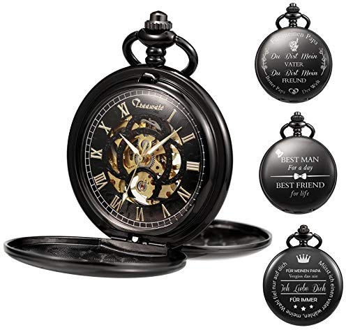 TREEWETO Taschenuhr Unisex Personalisiert Gravur Taschenuhr mit Kette Analog Handaufzug Doppelscharnier Antik Graviert Römische