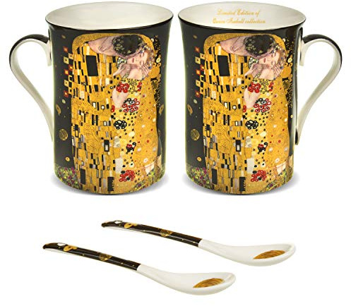 Queen Isabell 2x Kaffeebecher groß Set 250ml Becher mit Löffel Der Kuss von Gustav Klimt Schwarz Geschenkidee Porzellan