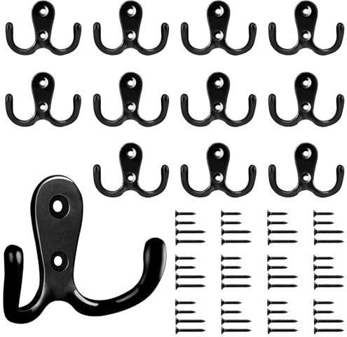 Bolatus 12 stycken klädhängare, krokar garderob dubbla väggkrokar retrokrokar vägg metall klädkrokar vintage med 48 skruvar för garderobskrokar badrum kök (svart)