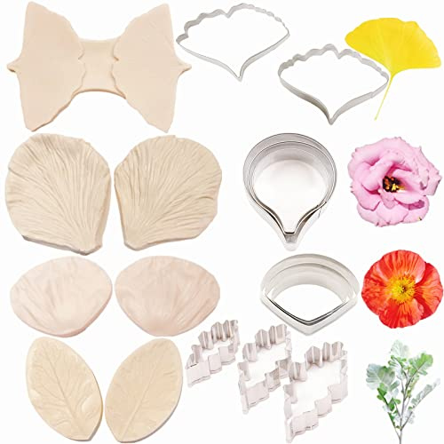 8set Sugar Paste Flower Cutter with Gum Paste Silicone Veiner Mould | Eustoma,Corn Poppy,Ginkgo,Senecio Cineraria Flower,Stainless Steel Cookie Cutter,Sugarcraft Making Tools,Cupcake Toppers