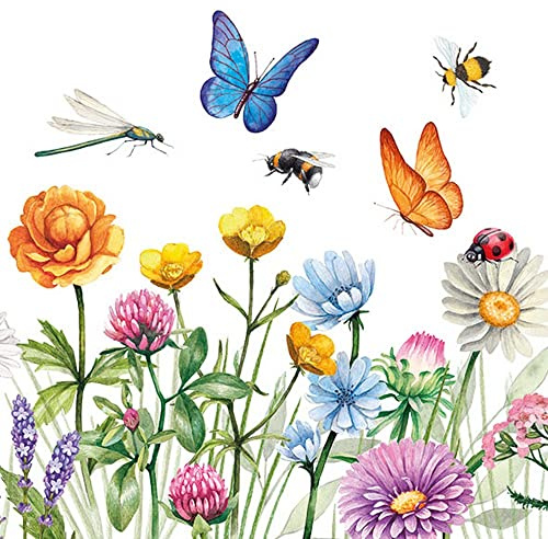 Serviette Blumen 20 Servietten Belebte Blumenwiese voller Tiere | Schmetterlinge | Libelle | Biene | Blumen | Wiese | Frühling | Sommer | Tischdeko 33x33cm