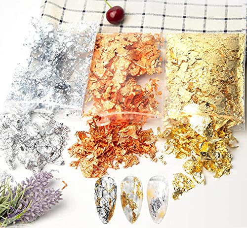 Rifrpha Gendako 3 Bolsas Copos Hojas Metálicos, Pan de Oro de Imitación Lámina Metálica de Oro Hojas de Papel de Aluminio Dorado para joyería de Resina, Pintura, Manualidades y Arte de uñas