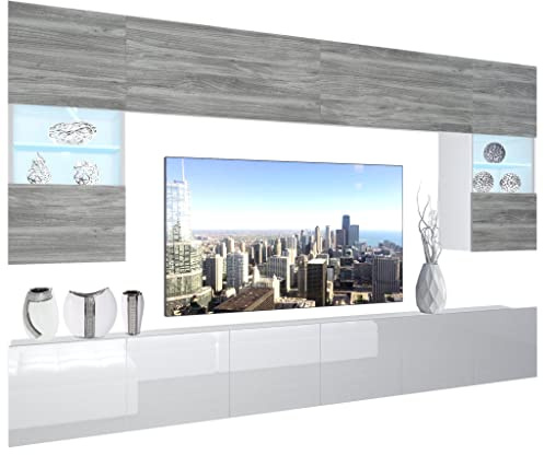 BELINI Wohnwand Schrankwand NEX 1 mit LED-Beleuchtung, Glamour Holz/Weiß | Vollausstattung Wohnzimmer-Set Moderne Schrankwand Anbauwand TV-Schrank