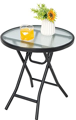 COSTWAY Tavolino Esterno Pieghevole, Piano in Vetro (Rotondo) | Tavolino Laterale Struttura Metallica, Tavolino Portatile per Cortile Balcone Terrazza, 46 x 47 cm