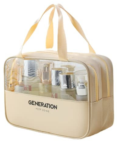 Klar Kulturbeutel - Kulturtasche Für Mädchen, Doppelschicht Trocken- Und Nassabscheidung Kosmetiktasche, PVC/PU Aufbewahrungstasche Beutel Für Kosmetik (Beige,M)