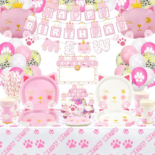 XJLANTTE 160 PCS Fournitures de fête anniversaire et chat - Ballons, bannière, tasses et nappe pour décoration, convient à 20 invités, chat rose blanc