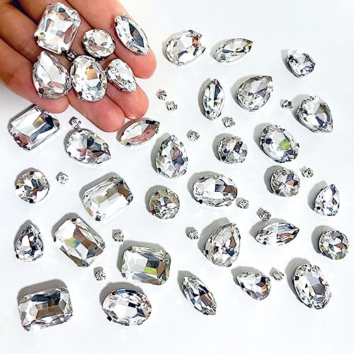 Yixinly 236 Pezzi Strass da Cucire, Pietre da Cucire, Strass di Vetro Cuciti a Forme Miste Cristalli Decorativi da Cucire, Applicabile a Gioielli Artigianato Vestiti Scarpe Abbigliamento (Bianco)