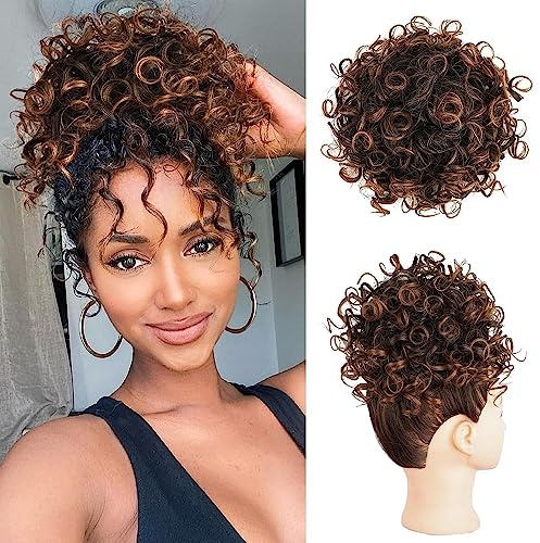 PORSMEER Chignon Postiche Cheveux Grande Postiches Bouclés Ondulés Cheveux Naturel Africain Puff Queue de Cheval Drawstring Extension de cheveux Noir/Auburn pour Femmes Fille