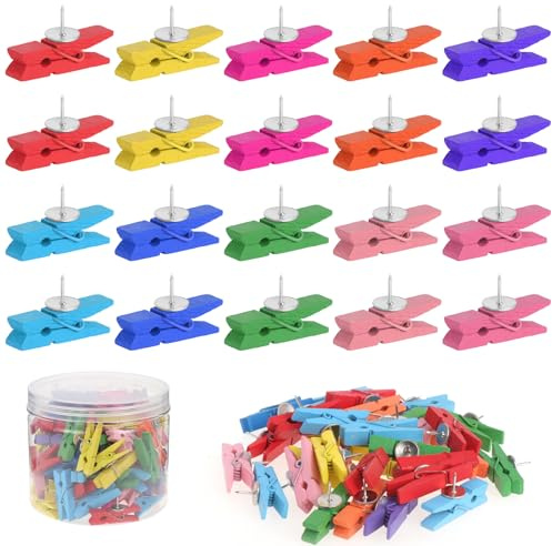 Coptiner 100 Stück Push Pin Clips,Bunte Holzklammern mit Stecknadeln,2-in-1 Pinnnadeln für Kork Boards,Wand,Karten,Notizen,Fotos,Beschädigungsfrei mit Starker Verschluss (Bunt)