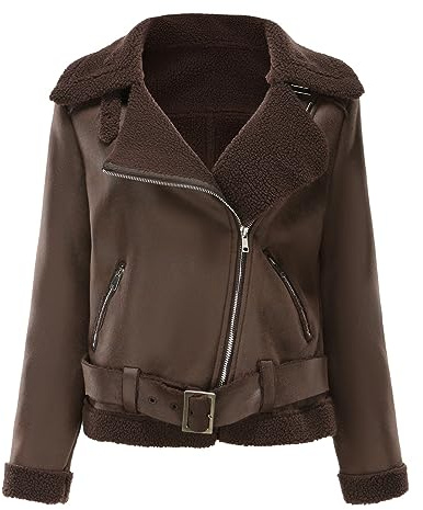 Lvguang Chaqueta Corta de Piel Sintética para Mujer Cuello Alto Cremallera Color Sólido Abrigo de Motociclista Estilo Vintage Abrigo de Invierno Chaqueta Suelta y Cálida (Marrón,2XL)
