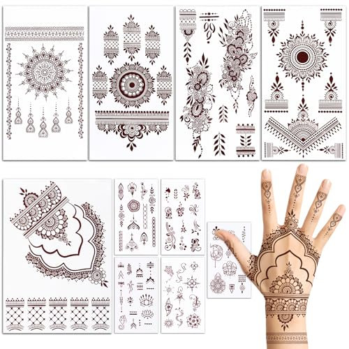 BETESSIN 10 Fogli Tatuaggi Temporanei Marroni Mandala Donna Adesivi Tatuaggi Tattoo Temporanei Marroni Donna Ragazza per Festa Estive di Costume Ballo Carnevale Halloween Spiaggia Vacanza