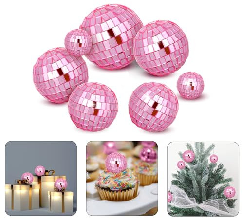 Abeillo 7PCS Disco Ball Cake Topper, Pink Disco Ball Cake Decorations, 4 Sizes Disco Ball Decor, 70s Disco Theme Party Supplies, Disco Balls Cupcake Topper for Disco Music Dance Decoration