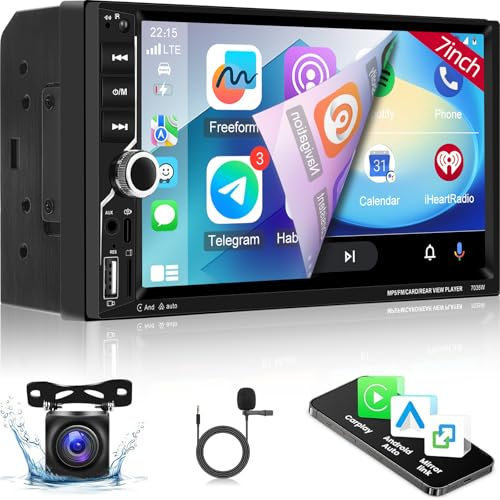 Autoradio 2 Din con Wireless Carplay e Android Auto - Radio Auto Touchscreen da 7 pollici con Mirror Link EQ SWC Bluetooth FM Radio AUX TF USB Disk + Telecamera di Backup AHD + Microfono