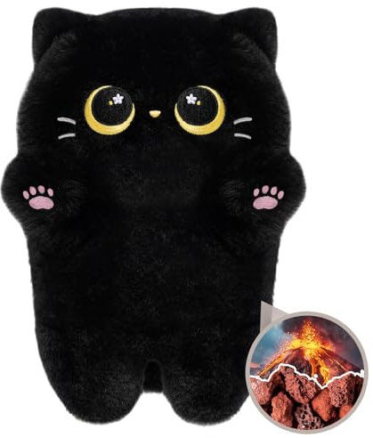 Almohadilla térmica de animales de peluche de gato negro para microondas – Calidez duradera de 50 minutos, fórmula de rosa volcánica diseñada para un ajuste perfecto, felpa calentable para calambres