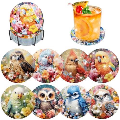Lxmsja 8 STK Diamond Painting Untersetzer mit Halter, Diamond Painting Vögel Erwachsene Kinder, Diamant Tassenuntersetzer mit Kork, Diamant Painting Bilder Basteln Erwachsene Frauen, Tisch Deko