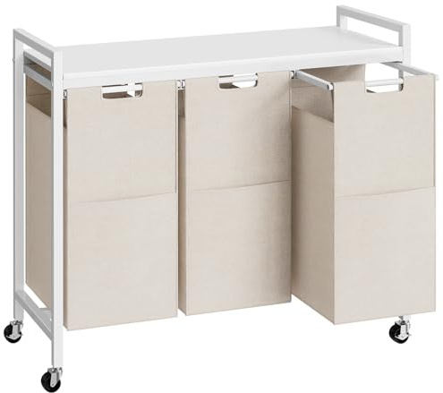 HOOBRO Tvättkorg 3 fack, tvättkorg med hylla, tvättlåda, tvättvagn, 3 x 39,8 L, tvättpåse av Oxfordtyg, 84 x 33 x 74,5 cm, vit, EWG38XY01G1