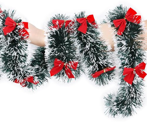 2 M Guirnalda Navideña, Guirnalda de Oropel de Navidad, Espumillón de Navidad, Espumillon Arbol Navidad, Guirnalda de Navidad Artificial para Decoración Navidad Bodas Fiestas, con 12 Lazos Rojos