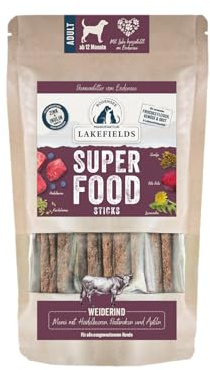 Lakefields SUPERFOOD Sticks | Premium Hundeleckerli vom Weiderind | 61% Fleisch | 130g | Getreidefreie & nährstoffreiche Hunde Snacks | Heidelbeeren, Karotten & Rote Beete | Entwickelt mit Tierärzten