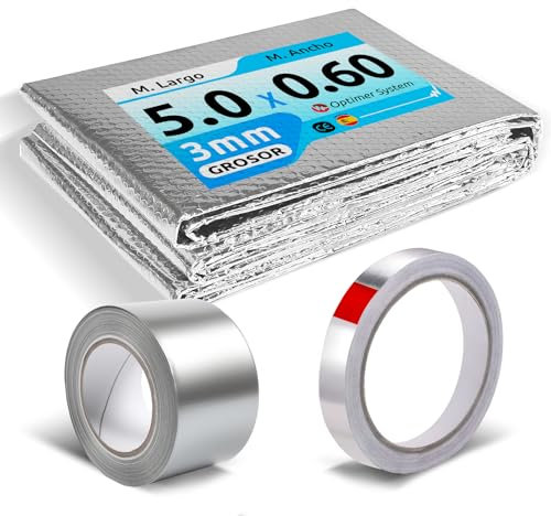 ISOLANTE TERMICO MULTIUSO 5x0,6m (3m²) – Pannelli Riflettenti in Alluminio con Nastro Adesivo Incluso - Per Pareti, Porte, Armadi, Camper, Soffitte, Garage, Casette, Finestre e Progetti Fai da Te