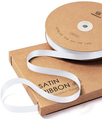 Vitalizart 0,95 cm x 91 m Weißes Satinband für Geschenkverpackung Basteln | Doppelseitiges Geschenkband für Geburtstag, Hochzeiten, Blumensträuße & Dekorationen, Dünnes Stoffband mit Aufbewahrungsbox