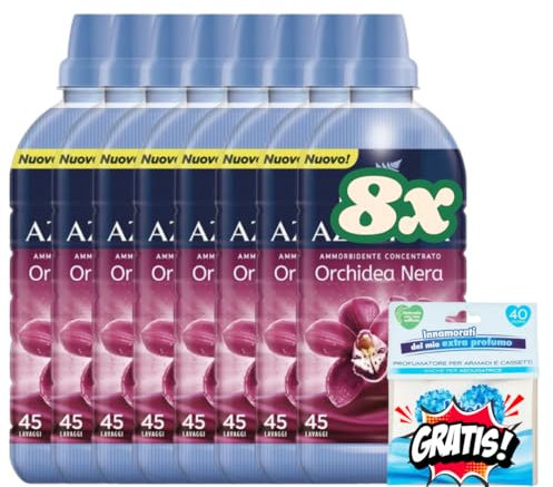 8X Felce Azzurra Ammorbidente Concentrato, 900ml, 45 Lavaggi (360 Lavaggi totali), + 1 bustina di profumatore biancheria Mon Amour Omaggio (Orchidea Nera)
