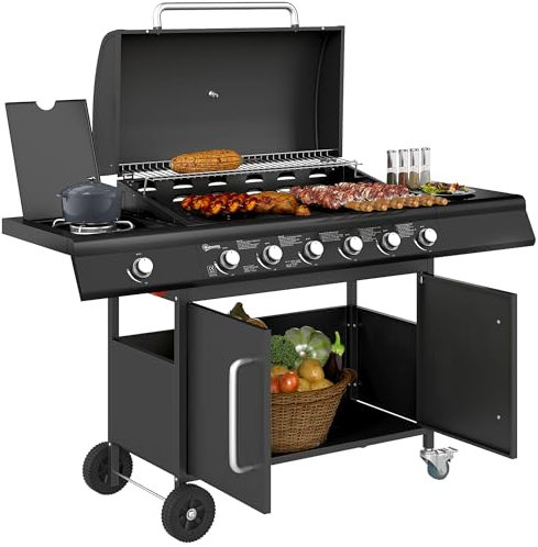 Outsunny Gasgrill 21,2 KW 6+1 Brenner BBQ Grillwagen aus Edelstahl inkl Rolle Seitenbrenner Thermometer Grillrost Kochfeld Seitentisch Gas-Grill für Balkon Camping 144,5 x 56 x 110cm