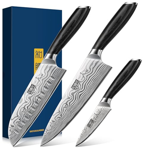 HOSHANHO 3-teiliges Messerset, Ultrascharf Professionelles Küchenmesserset | Ultrascharfe Messer für die Küche aus Pulverisiertem Kohlenstoffstahl mit Eleganter Geschenkbox