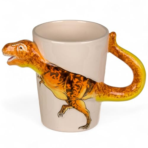 MIJOMA Juego de vasos de dinosaurio con asa 3D de Dolomita, aprox. 300 ml, tazas infantiles con motivos de dinosaurios, pintadas a mano, taza de cerámica para niños y niñas (T-Rex)