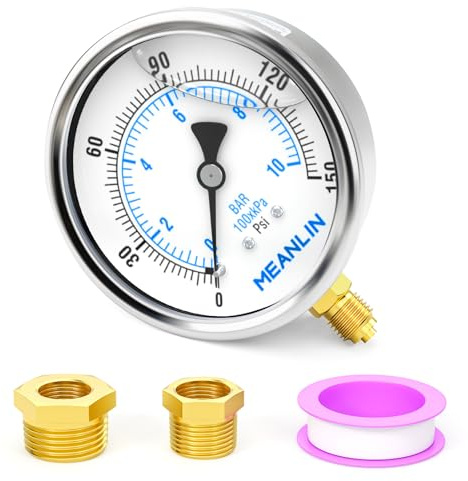 MEANLIN MEASURE 0~10BAR/0~150PSI Manuell mätare med rostfritt stålurtavla 1/4 tum BSP 4 tum DIAL fylld med vätska WOG Vatten Oljeluft Bottenmonterad, med sexkantmutter 1/2 tum BSP och 3/8 tum BSP