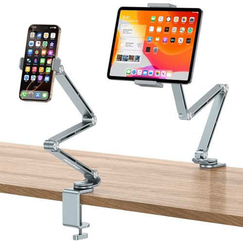 OMOTON Aluminium Tablet Halterung Tisch, 360° Drehbarer Tablet Ständer Bett, Verstellbarer Handyhalter mit Stabiler Arm, Höhenverstellbarer, kompatibel mit iPhone/iPad Pro/Tablets bis zu 12, Grau