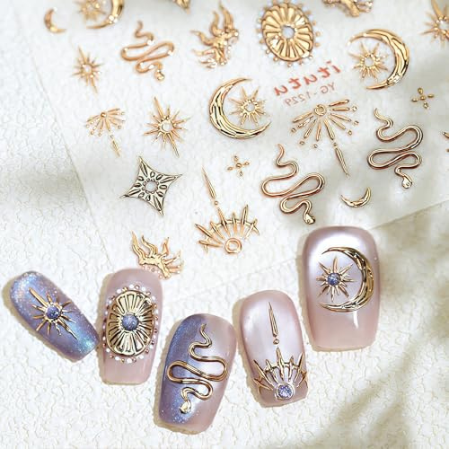 Shimmerz Relief Sterne Nagelstickers für Nagelkunst Gold Schlange Nageldekal 5D Selbstklebend Vergoldete Sterne Mond Nagel Zubehör