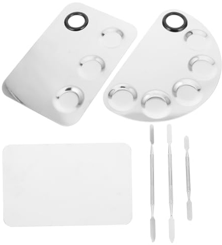 NIYANGLE 3sets Handheld Cosmetic Palettes for Face Artist Makeup Art Tool Stainless Steel Palette and Spatulas for Mixing Foundation