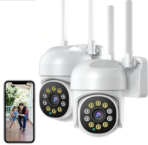 Srvillg Security Camera Outdoor, 2Pack CCTV Camera Outdoor, 355° PTZ Camera, 2.4Ghz WiFi Cameras House Security, with Color Night Vision, PIR Human Detection, Sound & Light Alarm, Wired