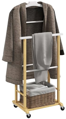 HOMCOM Galán de Noche de Bambú, Perchero con Ruedas, Colgadores de Ropa, Barras para Pantalones y Zapatero, Perchero Burro para Dormitorio, Pasillo, 47x33,7x105,5 cm, Natural y Blanco