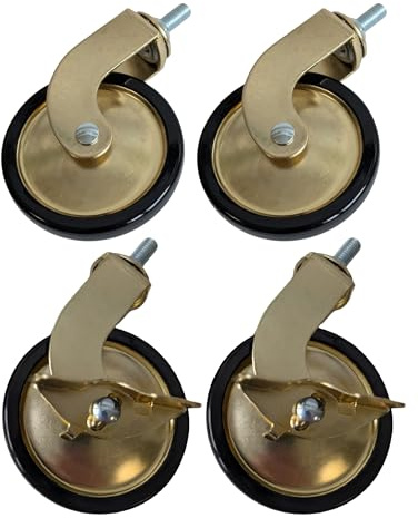 Gedotec Ruedas para muebles de metal dorado | Juego de 2× ruedas con freno + 2× ruedas sin freno | Ø 73,5 mm | Ruedas giratorias con alojamiento de 8 mm | Capacidad de carga de 48 kg | Ruedas de goma