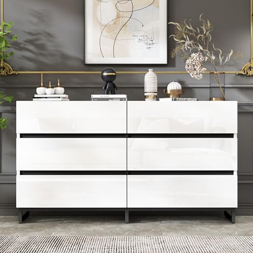 phosir Kommode Mit 6 Schubladen, Wohnzimmer Sideboard Weiß Hochglanz, Moderner Schrank Mit Metallfüßen, Großer Stauraum Möbel, 140x39,5x78,5cm, Weiß-Schwarz