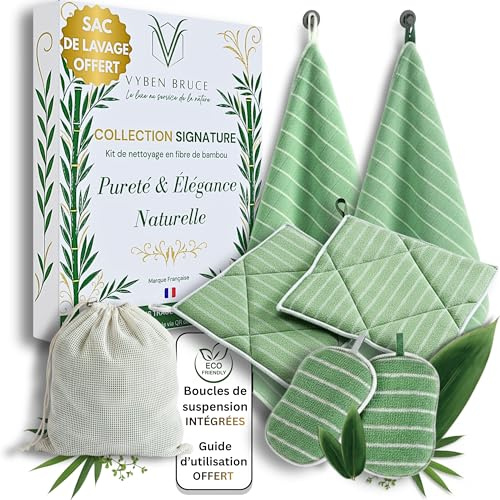 Lot de 6 chiffon Bambou Microfibre XXL | Boucle de Suspension |Torchon, Serviette pour vaisselle, Éponge magique, Lavette | Lingettes nettoyant vitre | Essuie tout sans trace | lavable reutilisable